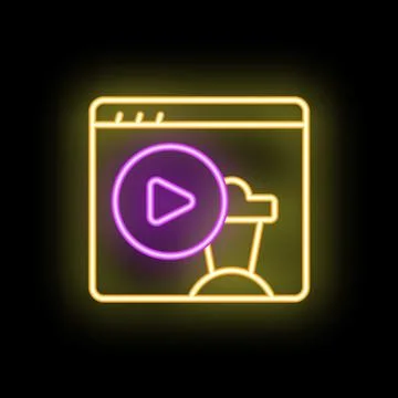 Neon glowing sign representing a website displaying a play button and a shopp Stock Illustration