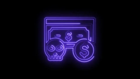 Neon glowing skull with dollar bills and coin on black background abstract .. Stock Footage 346139248