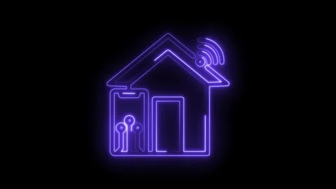 Neon glowing smart home icon with wifi signal and smartphone control Stock Footage 333969697