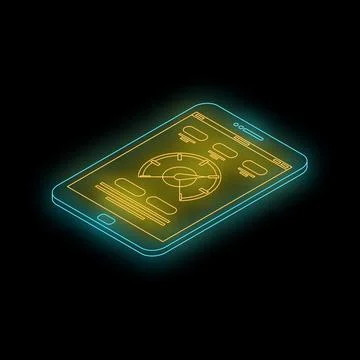 Neon glowing smartphone displaying performance and analytics data on dark b.. イラスト素材