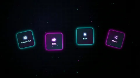 Neon Glowing Social Media Interface Icons for Subscribe Like Bell and Share on Stock Footage 344774062