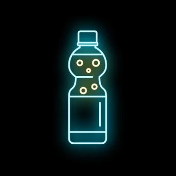 Neon glowing soda bottle with bubbles icon Stock Illustration