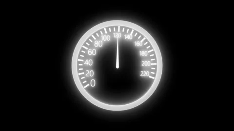 Neon glowing speedometer with needle pointing animation on black background Vidéo 318109904