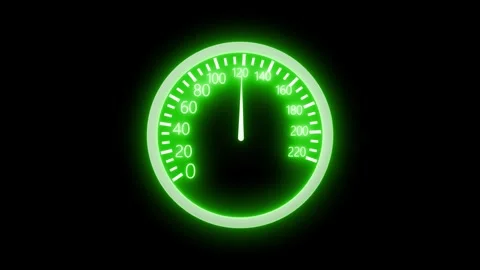 Neon glowing speedometer with needle pointing animation on black background Stock Footage 318109932