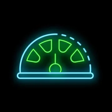 Neon glowing speedometer showing progress on black background Stock Illustration