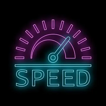 Neon glowing speedometer speed indicator concept on black Stock Illustration