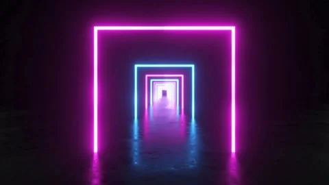 Neon glowing square frames moving through a dark tunnel Video stock 333875370