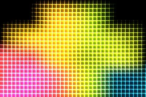 Neon glowing squares in a rainbow gradient pattern on black background Stock Illustration