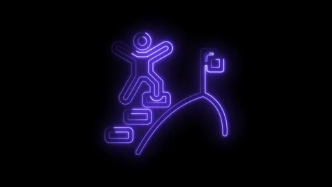 Neon glowing stick figure climbing stairs towards a flag on a hill symboliz.. Stock Footage 346010026