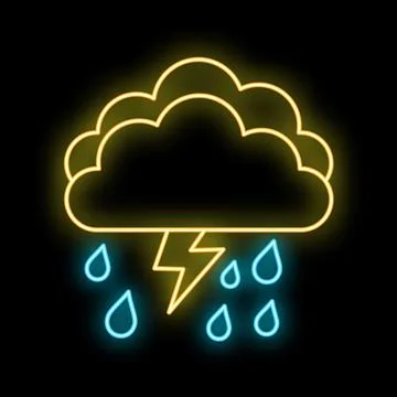Neon glowing storm cloud with lightning and rain Stock Illustration