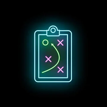 Neon glowing strategy game plan on clipboard icon Stock Illustration