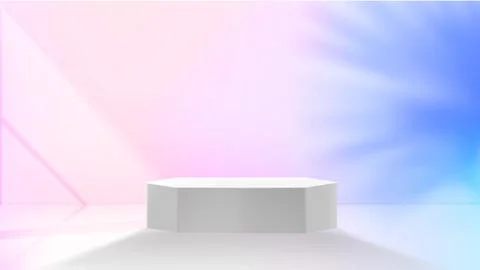 Neon glowing studio with podium and plant shadow. 3d vector illustration Stock Illustration