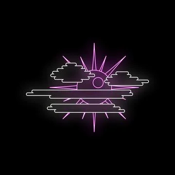 Neon glowing sun behind clouds icon Stock Illustration