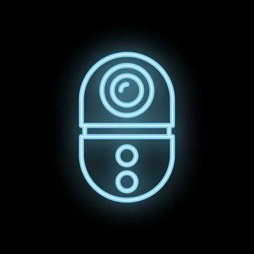 Neon glowing surveillance camera icon on black background Illustrazione stock