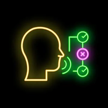 Neon glowing symbol of speech recognition with a human head speaking and a di Stock Illustration