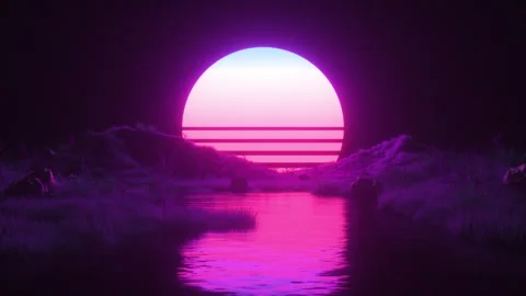 Neon Glowing Synthwave Background with Sun and Landscape Loop Stock Footage 265361280