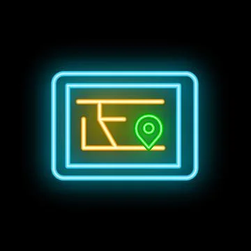 Neon glowing tablet computer showing location tracking app icon on black ba.. Stock Illustration