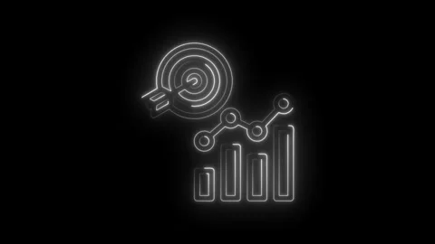 Neon glowing target with arrow and rising bar graph infographic elements on icon Stock Footage 333960765