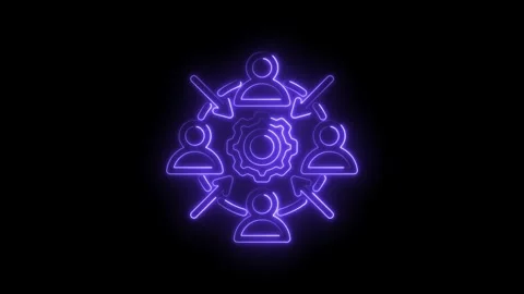 Neon glowing team collaboration icon with gear in center and arrows pointin.. Stock Footage 346140028