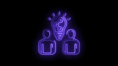 Neon glowing team collaboration idea lightbulb icon animation with two people Stock Footage 333962647
