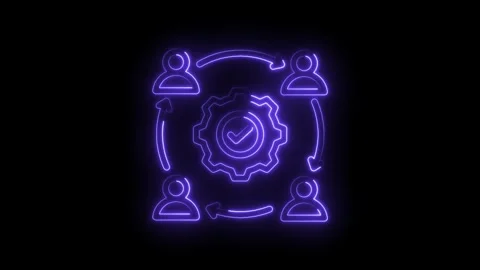 Neon glowing team collaboration process with gear and checkmark icon animated Stock Footage 333962270