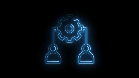 Neon glowing teamwork cog connection with two people isolated on black Stock Footage 322959794