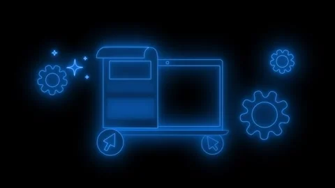 Neon Glowing Tech Animation with Laptop and Gear on Black Background Stock Footage 321765166