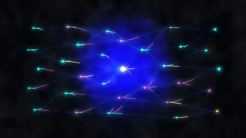 Neon glowing tech network lines and digital glowing nodes motion graphic Video stock 347248649