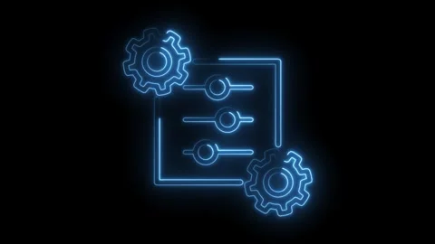 Neon glowing tech settings interface with gears on black background for Stock Footage 322957492