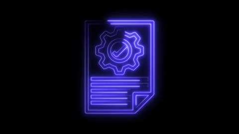 Neon glowing technical documentation sheet with cogwheel and checkmark on black Stock Footage 322972866