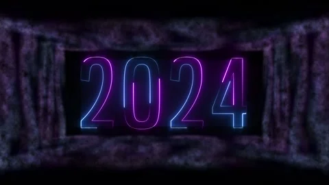 Neon glowing text 2024 numbers for new year. Modern digital square with refl Stock Footage 258363786