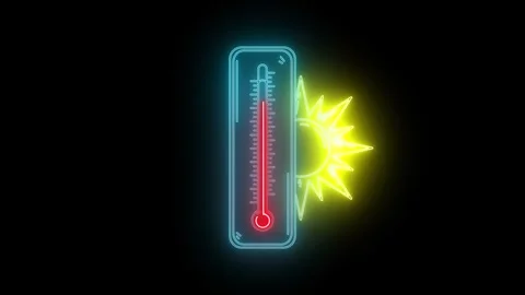 Neon glowing thermometer with sun behind and temperature grow up with warmin Video stock 246677416