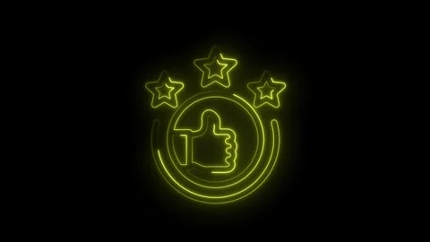 Neon glowing thumbs up and star feedback icon animation on black background Stock Footage 312307446