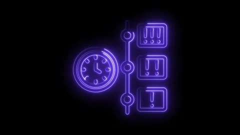 Neon glowing timeline with clock and exclamation points animation on black Stock Footage 330785448