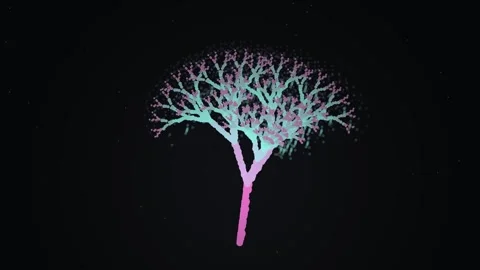 Neon glowing tree branches on black background abstract light art Stock Footage 346000891