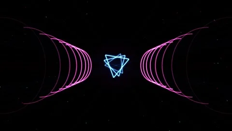 Neon glowing triangle rotating between purple arched wireframes on dark sta.. 動画素材 343820909