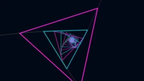 Neon glowing triangle tunnel rotating on black background Stock Footage 335941278