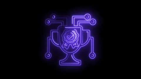 Neon glowing trophy with checkmark and circuit board connections digital aw.. Stock Footage 346112726