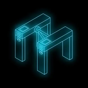 Neon glowing turnstile gate access control system on black background Stock-Illustration