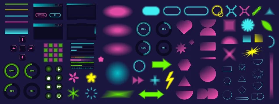 Neon glowing UI elements set with buttons progress bars shapes and interface Stock Illustration