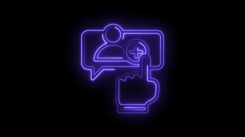 Neon glowing user profile icon with plus symbol and speech bubble on black Stock Footage 333959212