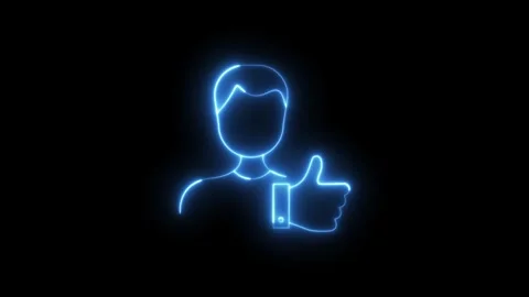 Neon glowing user profile thumbs up animation on black background, approval.. Stock Footage 318386031