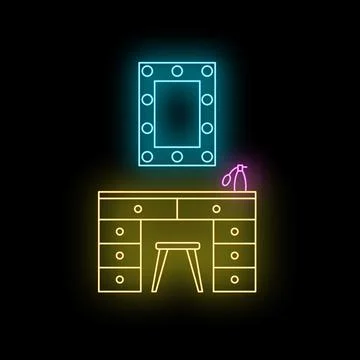Neon glowing vanity dressing table with mirror and perfume Illustrazione stock