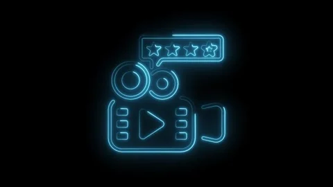 Neon glowing video camera with four stars feedback rating on black background Stock Footage 322993278