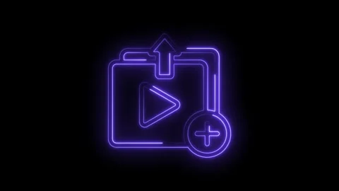 Neon glowing video folder icon with play button upload arrow and plus sign on Stock Footage 333958383