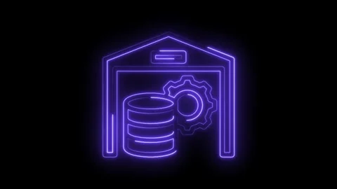 Neon glowing warehouse with database and gear symbol representing data stor.. Stock Footage 346014139