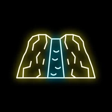 Neon glowing waterfall stream flowing over mountain cliff Stock Illustration