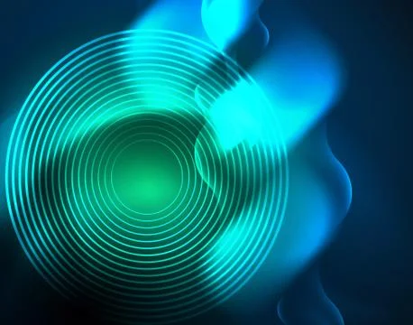 Neon glowing wave lines, blue hi-tech futuristic abstract background template 스톡 일러스트