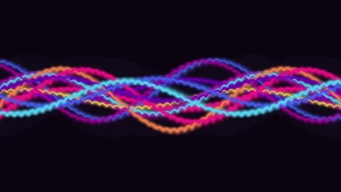 Neon glowing wave lines moving in a smooth rhythmic flow against dark black.. 動画素材 343155167