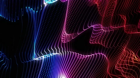 Neon glowing waves. Big data wave of particles. Stockbeeldmateriaal 112368655